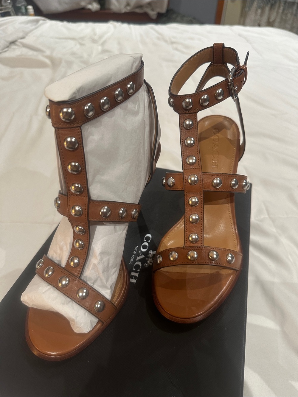 Coach Tan Leather Studded T-Strap Sandals